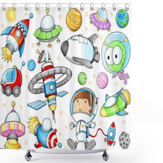 Personality  Outer Space Spaceships And Astronaut Vector Set Shower Curtains