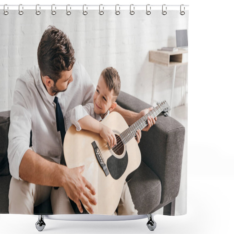 Personality  Dad Teaching Son To Play Acoustic Guitar At Home Shower Curtains