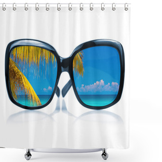 Personality  Sunglasses With A Beach Scene Reflected On The Glass Shower Curtains