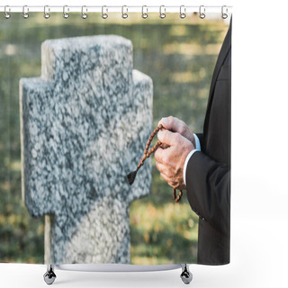 Personality  Cropped View Of Man Holding Rosary Beads Near Tombstone   Shower Curtains