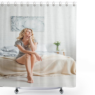 Personality  Dreamy Young Woman Looking Away While Sitting On Bed At Home  Shower Curtains