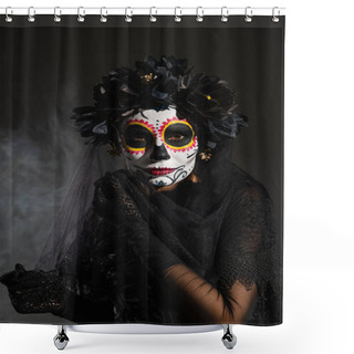 Personality  Woman In Black Wreath And Traditional Santa Muerte Makeup Looking At Camera On Dark Foggy Background Shower Curtains