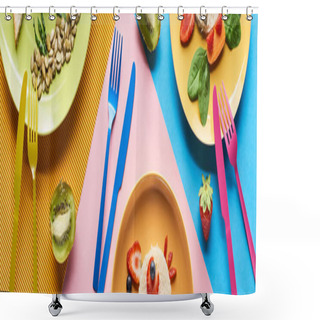 Personality  Top View Of Plates With Fancy Animals Made Of Food For Childrens Breakfast On Blue, Yellow And Pink Background With Colorful Cutlery Shower Curtains