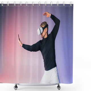 Personality  A Man In A Black Shirt And White Pants Immersed In The Metaverse With A VR Headset In A Studio Setting. Shower Curtains