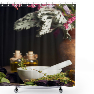 Personality  White Mortar With Pestle Near Bottles And Vase With Fresh Flowers On Wooden Surface Isolated On Black Shower Curtains