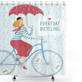 Personality  Elegant Woman Cyclist Under The Rain Vector Illustration Shower Curtains