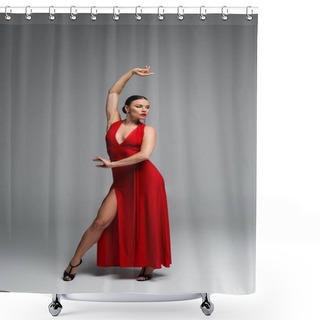 Personality  Full Length Of Professional Dancer With Red Lips Performing Tango On Grey Background  Shower Curtains