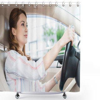 Personality  Side View Of Attractive Woman Driving Car Alone Shower Curtains