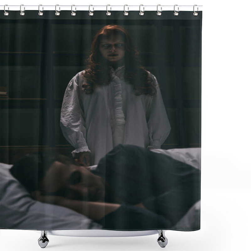 Personality  Creepy Obsessed Girl Standing Near Bed With Sleeping Man Shower Curtains
