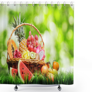 Personality  Basket Of Tropical Fruits On Green Grass Shower Curtains