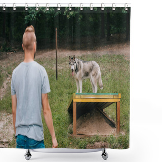 Personality  Young Man Training With Siberian Husky On Dog Walk Obstacle  Shower Curtains