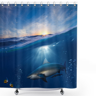 Personality  Design Template With Underwater Part And Sunset Skylight Splitted By Waterline And Angry Hungry Shark Underwater Shower Curtains