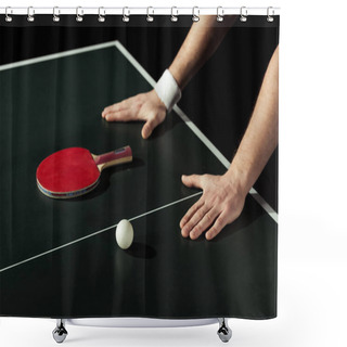 Personality  Cropped Shot Of Tennis Player Leaning On Tennis Table With Racket And Ball Isolated On Black Shower Curtains