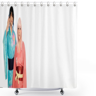 Personality  Young Cosplay Couple In Colorful Kimonos And Wigs Looking At Camera On White, Horizontal Banner Shower Curtains