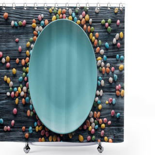 Personality  Top View Of Empty Plate Surrounded By Colorful Candies On Wooden Table  Shower Curtains