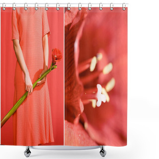Personality  Collage With Red Amaryllis And Elegant Woman With Flower On Living Coral. Pantone Color Of The Year 2019 Concept Shower Curtains