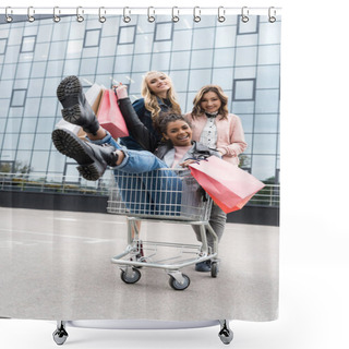 Personality  Group Of Beautiful Young Women With Shopping Cart Riding On Parking Shower Curtains