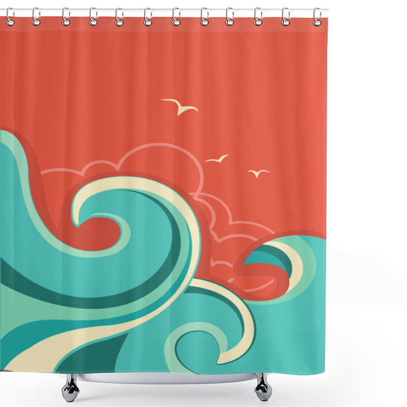 Personality  Vintage Tropical Background With Sea Waves And Sun Shower Curtains