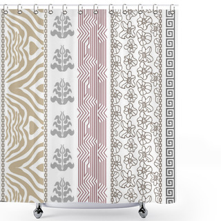 Personality  Set Of Borders With Bohemian Motifs. Hand Drawn Seamless Paisley Pattern With Roses, Damask Borders, Zebra Print, Carnival Masks.  Shower Curtains