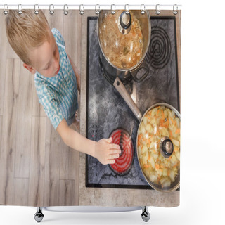 Personality  Toddler Playing With Frying Pan And Electric Stove. Child Touches Hot Stove In Kitchen. Danger Situation With Children. Skin Burn Shower Curtains