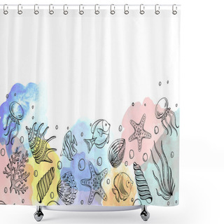 Personality  Composition Of Seashells, Starfish, Jellyfish. Underwater World Sea Background, Background With Copy Space. Shower Curtains