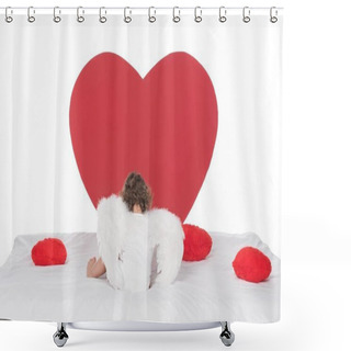 Personality  Little Cherub With Wings Lying On Bed With Hearts, Isolated On White Shower Curtains