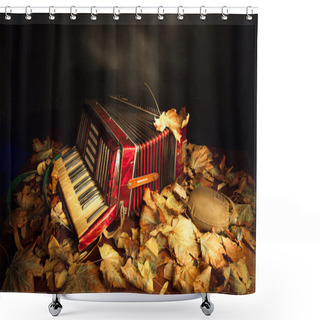 Personality  Vintage Accordion Among The Autumn Leaves Shower Curtains
