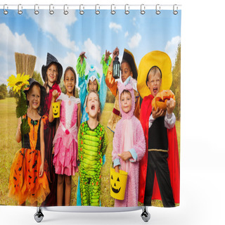 Personality  Happy Excited Kids In Halloween Costumes Shower Curtains