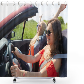 Personality  Smiling Young Women Driving In Cabriolet Car Shower Curtains