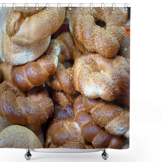 Personality  Bakery Products On The Market. Top View. Close-up Shower Curtains