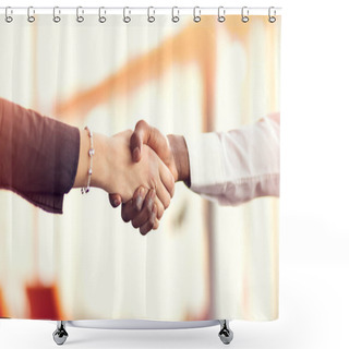 Personality  Closeup Of White And Black Shaking Hands Over A Deal Shower Curtains