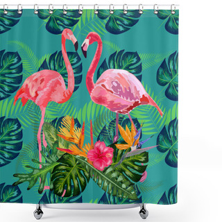 Personality  Pink Exotic Flamingo Wading Birds Couple. Seamless Pattern Texture. Green Tropical Jungle Rainforest Palm Tree Leaves. Shower Curtains