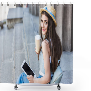 Personality  Side View Of Young Smiling Woman With Tablet And Coffee To Go Sitting On Steps Shower Curtains