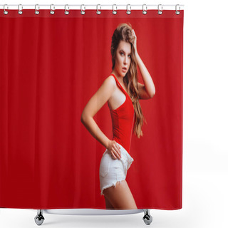 Personality  Pretty Bikini Model In Studio On Red Background Shower Curtains