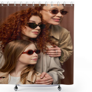 Personality  Portrait Of Happy Three Generations Of Women In Coats And Sunglasses Looking Away On Brown Backdrop Shower Curtains