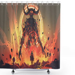 Personality  Knight With A Sword Facing The Lava Demon In Hell, Digital Art Style, Illustration Painting Shower Curtains