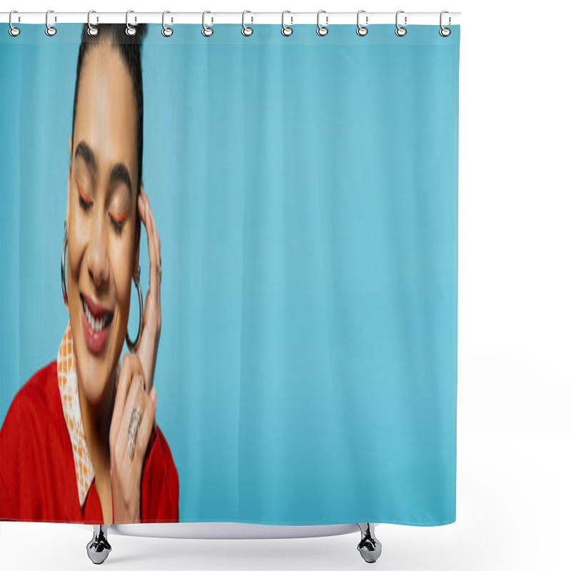 Personality  Portrait Of Pleased African American Model In Silver Accessories Smiling On Blue Backdrop, Banner Shower Curtains