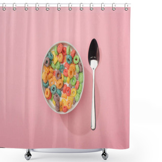 Personality  Top View Of Bright Colorful Breakfast Cereal In Bowl Near Spoon On Pink Background Shower Curtains