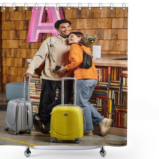 Personality  Happy Diverse Couple Awaits Their Adventure, Standing Near Luggage And Ready For Next Journey Shower Curtains