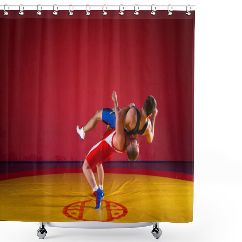 Personality  Two Greco-roman  Wrestlers In Red And Blue Uniform Making A Suplex Wrestling   On A Yellow Wrestling Carpet In The Gym Shower Curtains