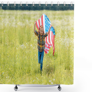 Personality  Cheerful Child Running In Field With American Flag In Hands Shower Curtains