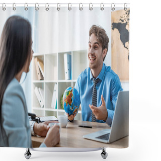 Personality  Cheerful Travel Agent Holding Globe While Talking To Client Shower Curtains