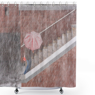Personality  Blurred Image - A Person Climbing Under A Red Umbrella On The Steps Blurred Image - A Man Walking Under A Red Umbrella In Snowfall Shower Curtains