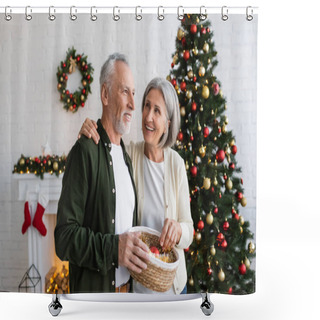 Personality  Smiling Middle Aged Couple Holding Wicker Basket With Baubles Near Decorated Pine Tree Shower Curtains