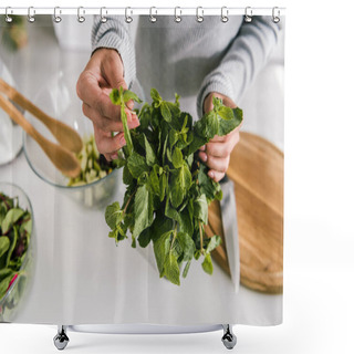 Personality  Cropped View Of Girl Touching Fresh Peppermint Leaves  Shower Curtains