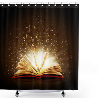 Personality  Open Magic Book With Magic Lights On A Black Background Shower Curtains
