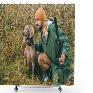 Personality  Man Squatting In Bushes With Dog And Gun Shower Curtains