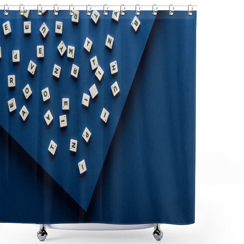 Personality  Top View Of Letters On Cubes Scattered On Blue Background Shower Curtains
