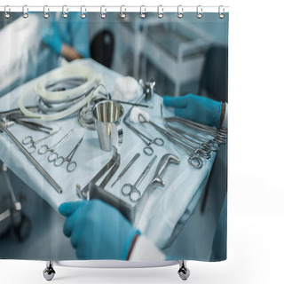 Personality  Cropped Image Of African American Doctor Holding Tray With Medical Tools For Surgery Shower Curtains