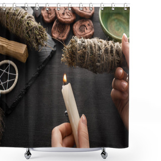 Personality  Cropped View Of Shaman Holding Candle And Smudge Stick Near Witchcraft On Black Wooden Background Shower Curtains
